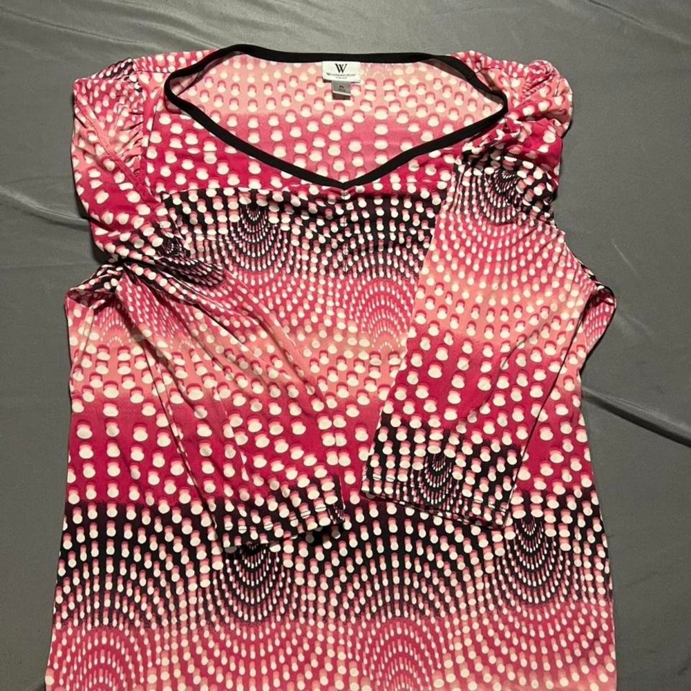 Worthington Stretch Pink White Geometric Dot V-Neck Long Sleeve Top Womens XL
